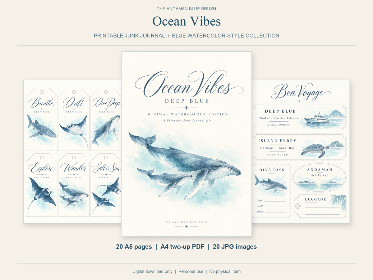 Ocean Junk Journal Kit, Blue Watercolor Marine Life, 20 A5 Printable Pages