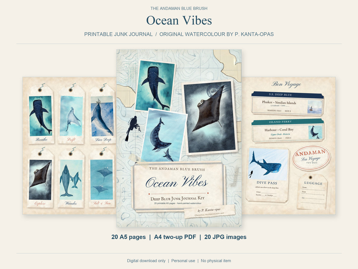 Ocean Junk Journal Kit, Original Watercolor, 20 A5 Pages with A4 Print Layout, PDF & JPG