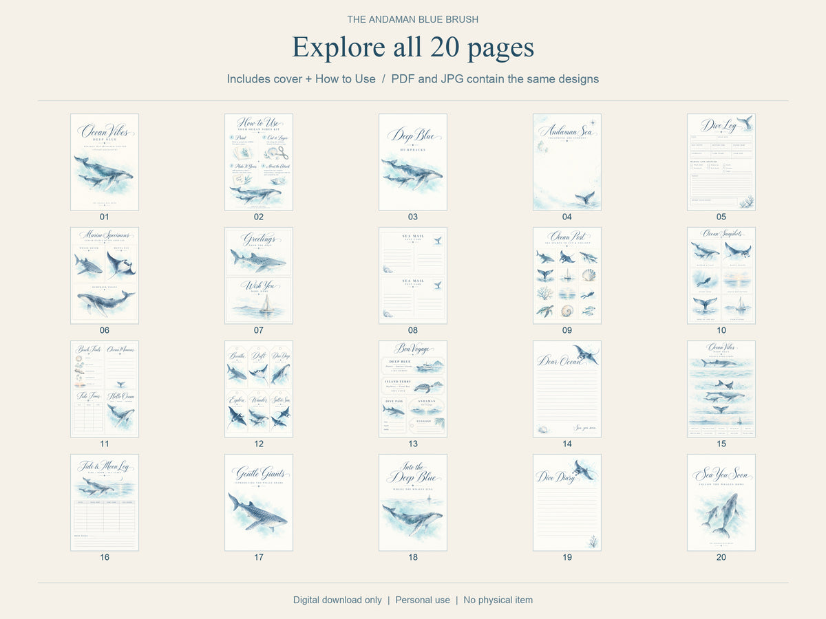 Ocean Junk Journal Kit, Blue Watercolor Marine Life, 20 A5 Printable Pages