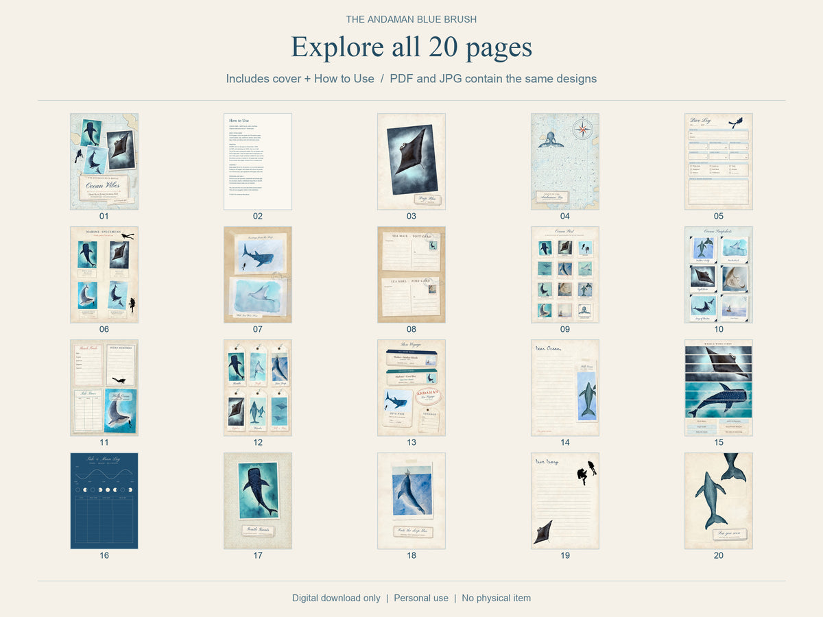 Ocean Junk Journal Kit, Original Watercolor, 20 A5 Pages with A4 Print Layout, PDF & JPG