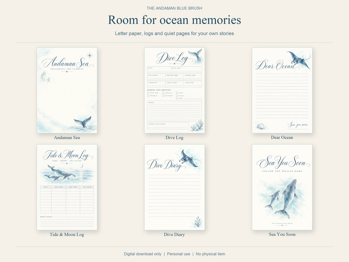 Ocean Junk Journal Kit, Blue Watercolor Marine Life, 20 A5 Printable Pages