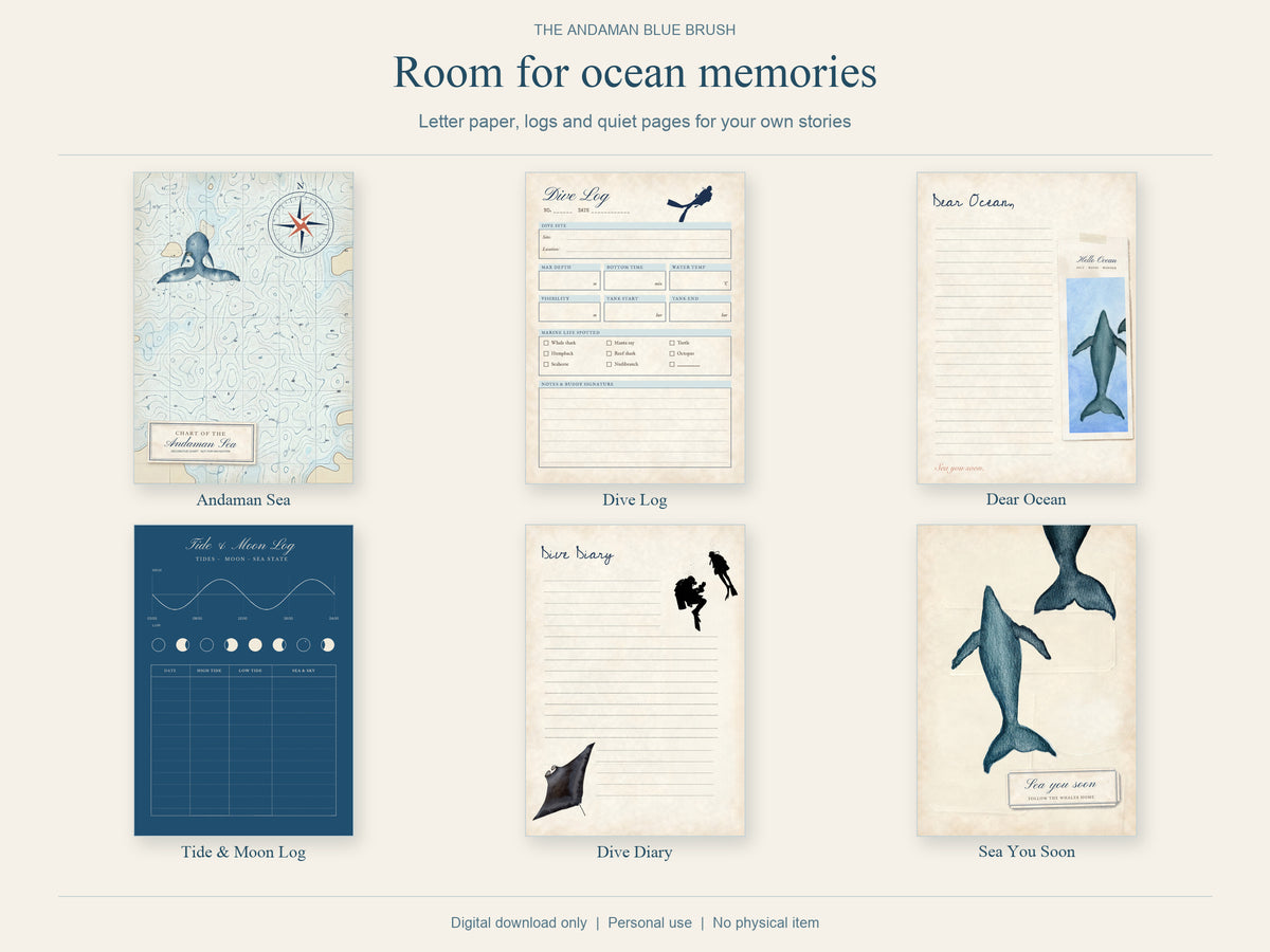 Ocean Junk Journal Kit, Original Watercolor, 20 A5 Pages with A4 Print Layout, PDF & JPG
