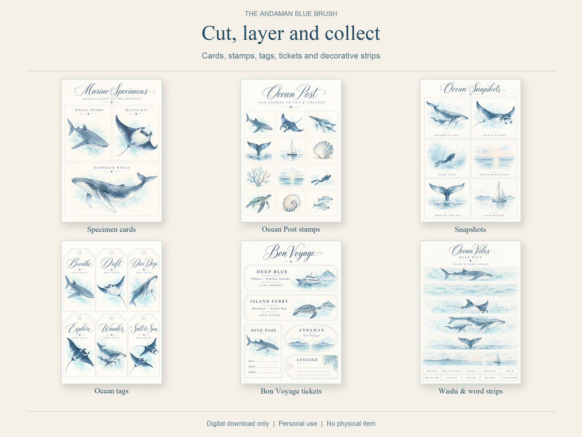 Ocean Junk Journal Kit, Blue Watercolor Marine Life, 20 A5 Printable Pages