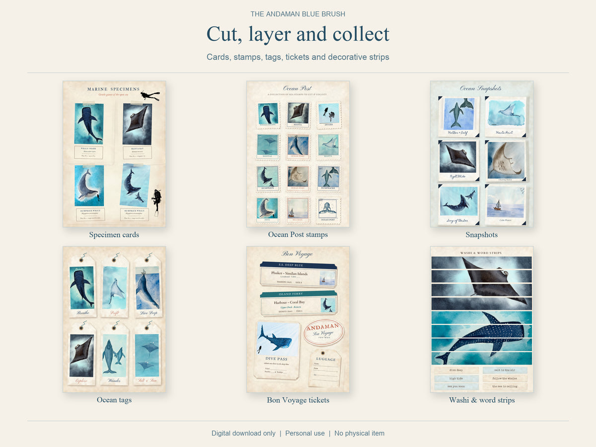 Ocean Junk Journal Kit, Original Watercolor, 20 A5 Pages with A4 Print Layout, PDF & JPG
