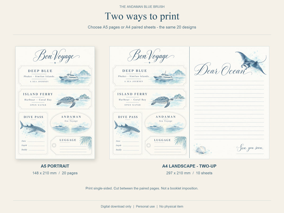 Ocean Junk Journal Kit, Blue Watercolor Marine Life, 20 A5 Printable Pages
