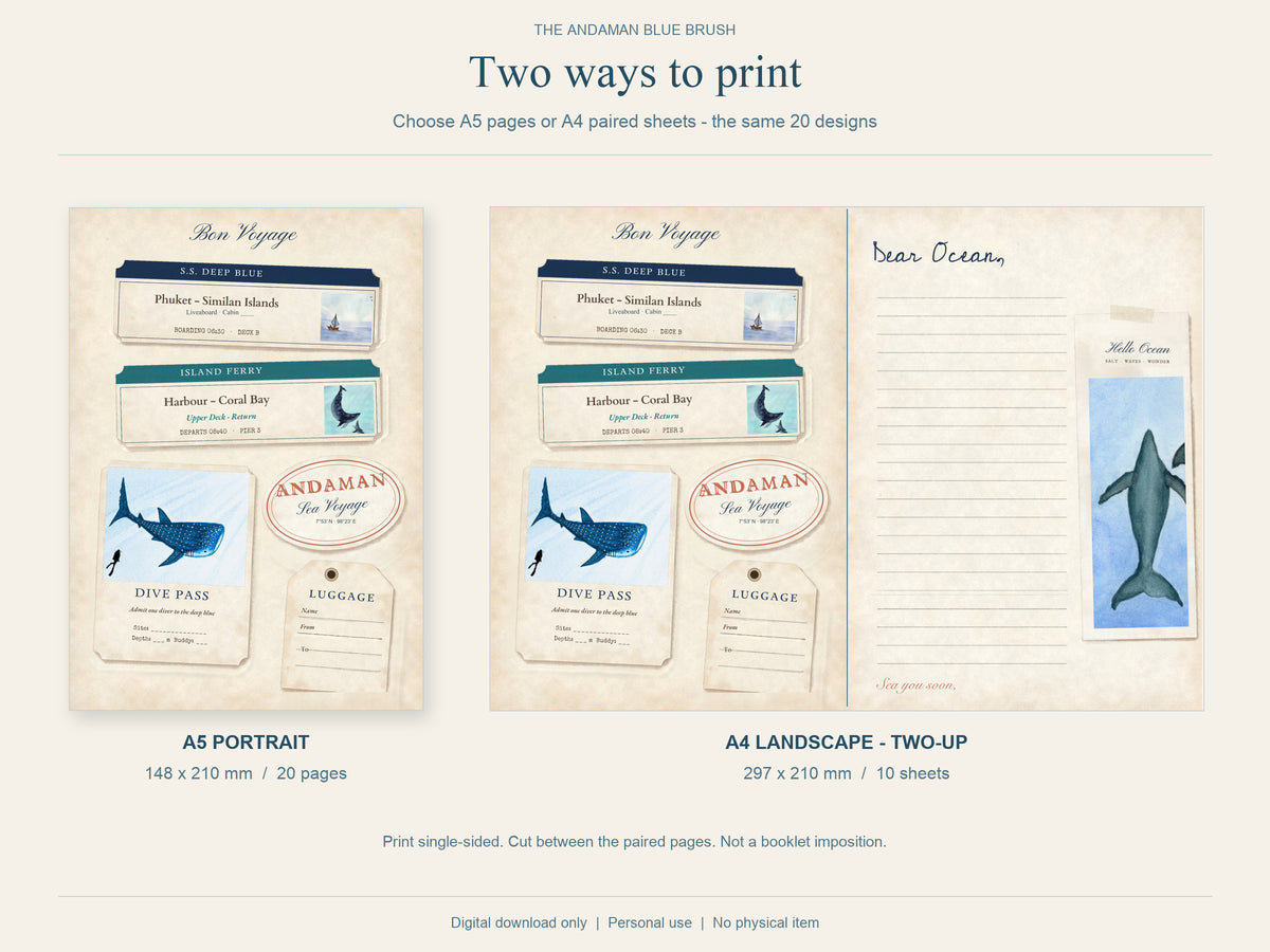 Ocean Junk Journal Kit, Original Watercolor, 20 A5 Pages with A4 Print Layout, PDF & JPG