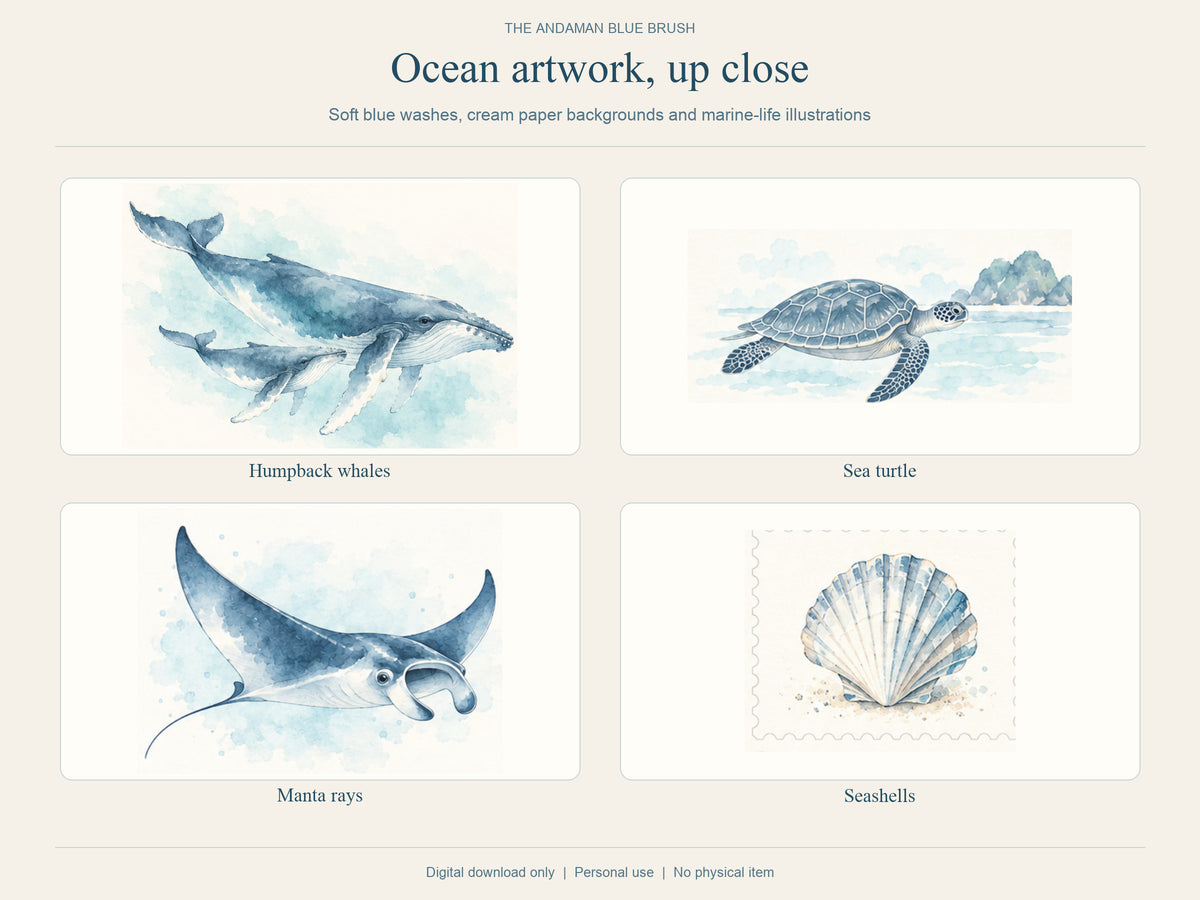 Ocean Junk Journal Kit, Blue Watercolor Marine Life, 20 A5 Printable Pages
