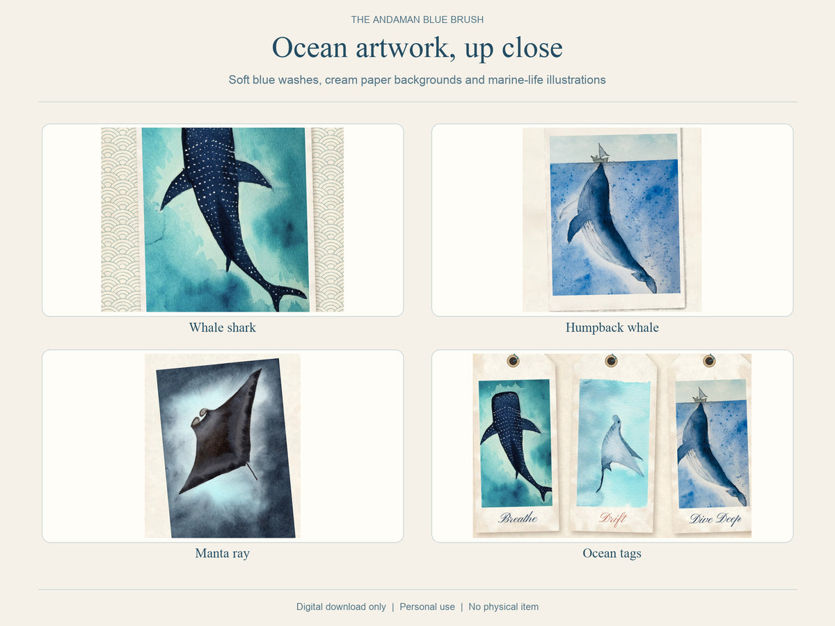 Ocean Junk Journal Kit, Original Watercolor, 20 A5 Pages with A4 Print Layout, PDF & JPG