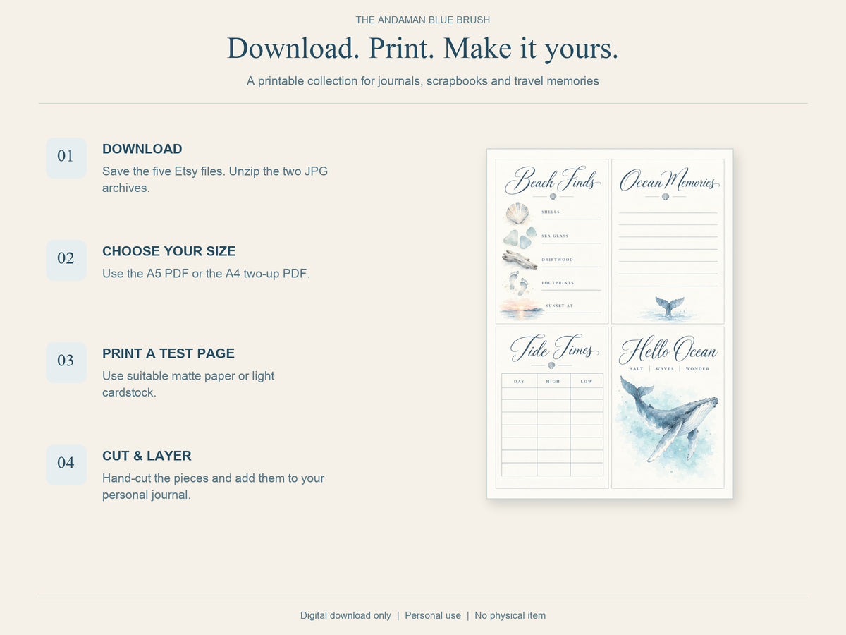 Ocean Junk Journal Kit, Blue Watercolor Marine Life, 20 A5 Printable Pages