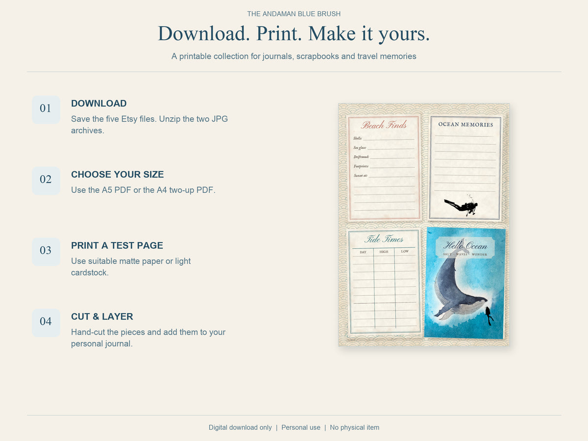 Ocean Junk Journal Kit, Original Watercolor, 20 A5 Pages with A4 Print Layout, PDF & JPG