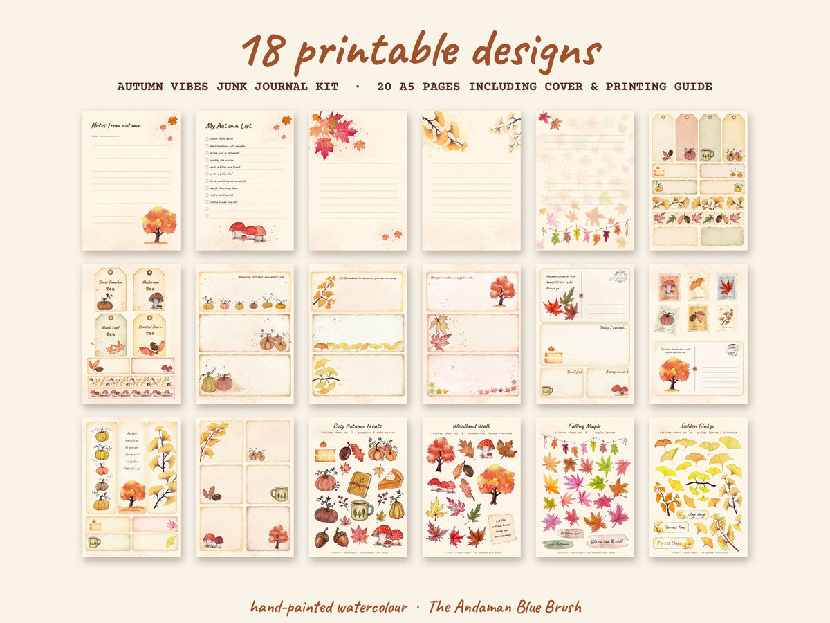 Autumn Vibes Printable Junk Journal Kit | Watercolour Fall Stickers, Cards, Tags & Ephemera | A5 & A4 PDFs