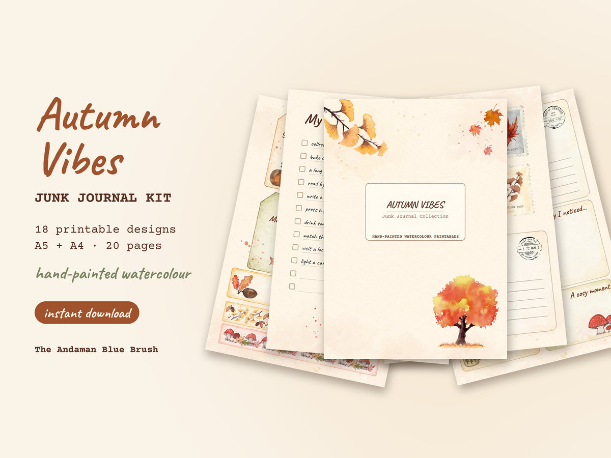 Autumn Vibes Printable Junk Journal Kit | Watercolour Fall Stickers, Cards, Tags & Ephemera | A5 & A4 PDFs