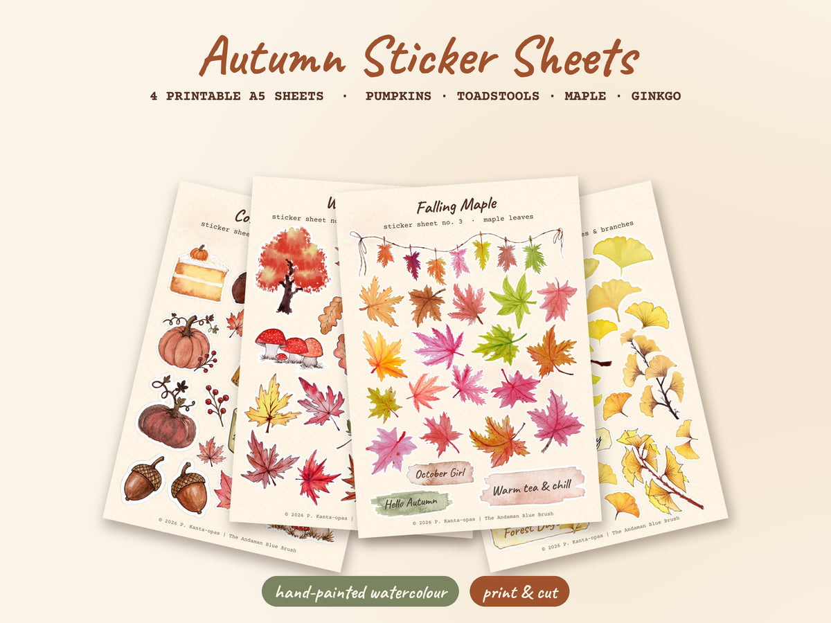 Autumn Vibes Printable Junk Journal Kit | Watercolour Fall Stickers, Cards, Tags & Ephemera | A5 & A4 PDFs