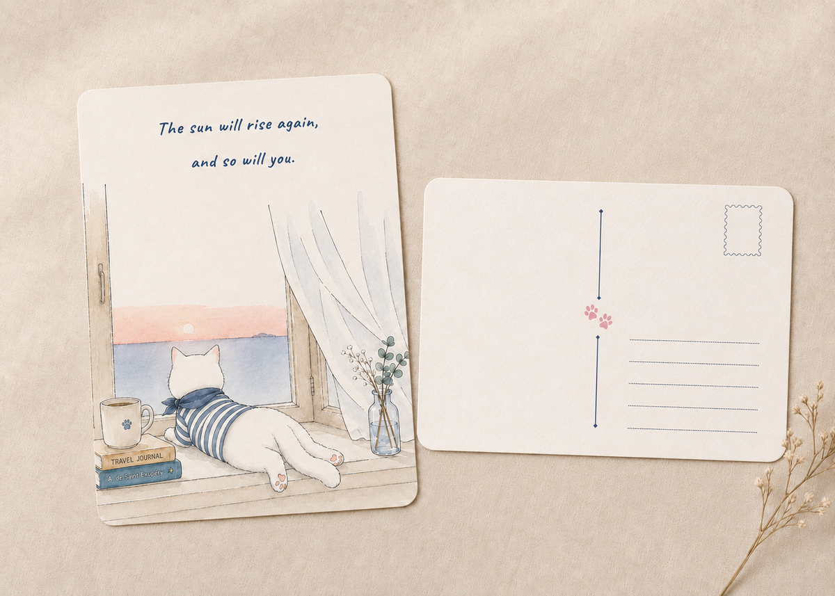 Gentle Reminders Postcard Set of 5, Encouraging Art Cards with Martin the White Cat