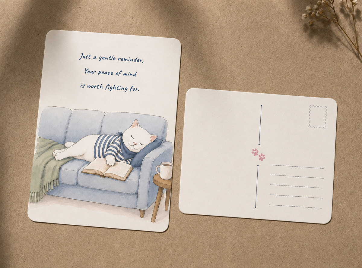Gentle Reminders Postcard Set of 5, Encouraging Art Cards with Martin the White Cat