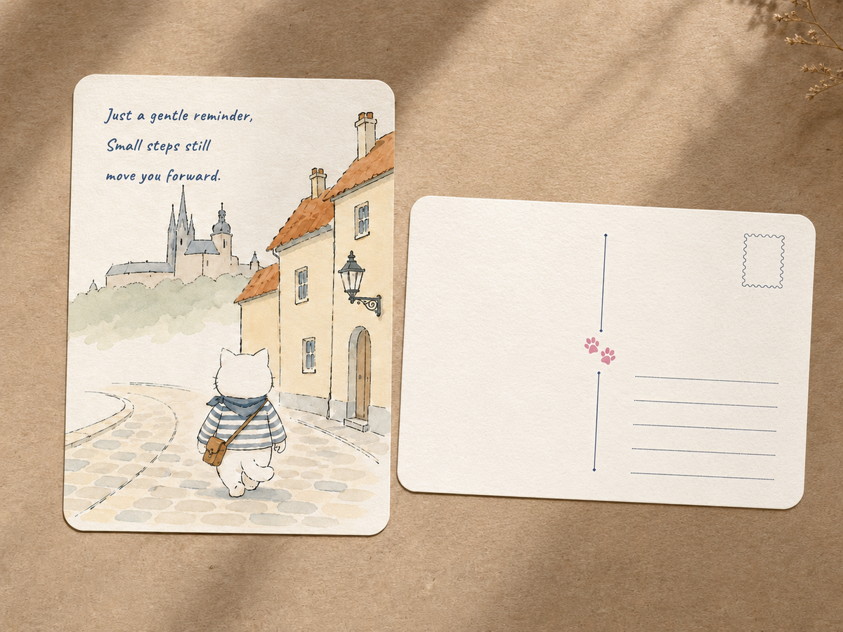 Gentle Reminders Postcard Set of 5, Encouraging Art Cards with Martin the White Cat
