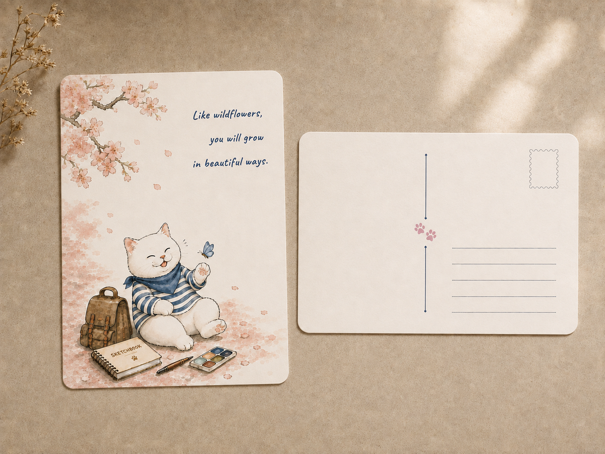 Gentle Reminders Postcard Set of 5, Encouraging Art Cards with Martin the White Cat