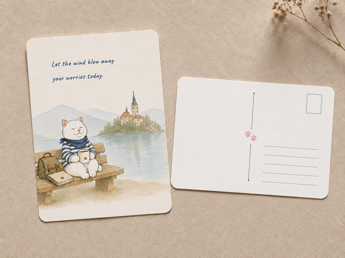 Gentle Reminders Postcard Set of 5, Encouraging Art Cards with Martin the White Cat