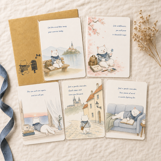 Gentle Reminders Postcard Set of 5, Encouraging Art Cards with Martin the White Cat