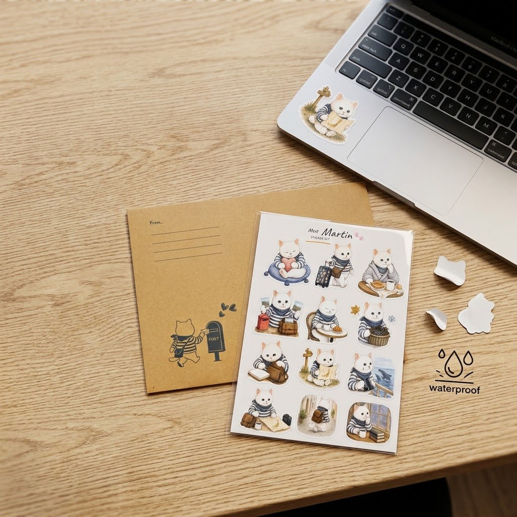 Meet Martin — A5 Waterproof Sticker Sheet | Cute Travel Cat Stickers for Journals, Water Bottles & Tumblers