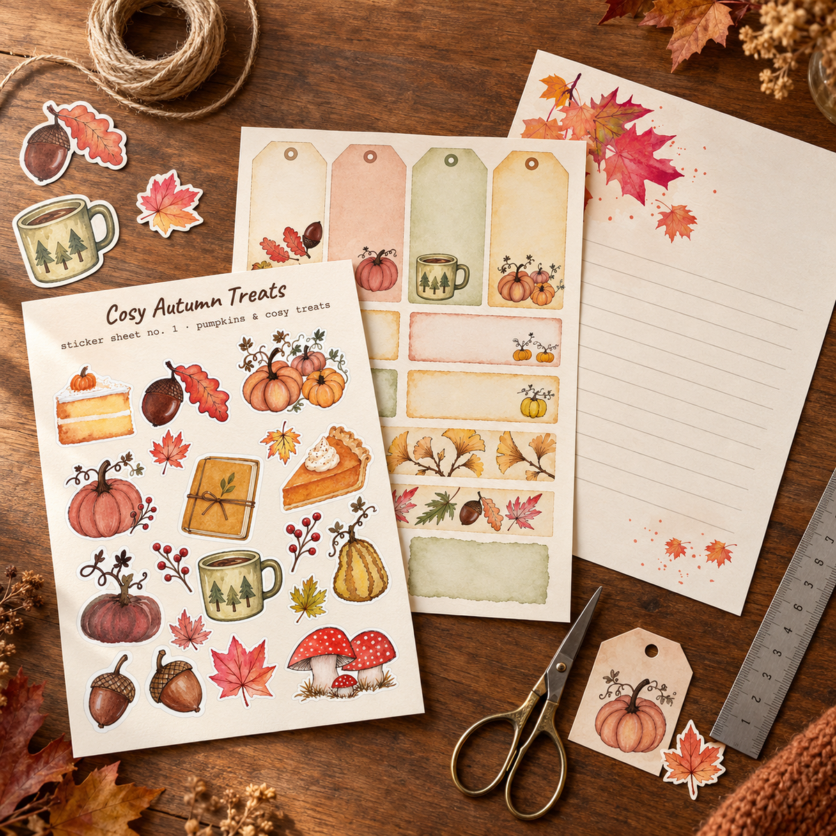 Autumn Vibes Printable Junk Journal Kit | Watercolour Fall Stickers, Cards, Tags & Ephemera | A5 & A4 PDFs